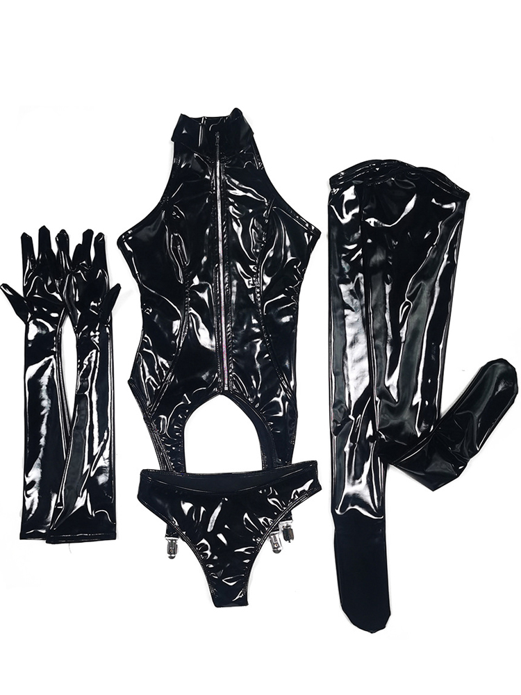 4PCS/SET Wet Look PVC Catsuit  - Garter Belt Set avis et prix