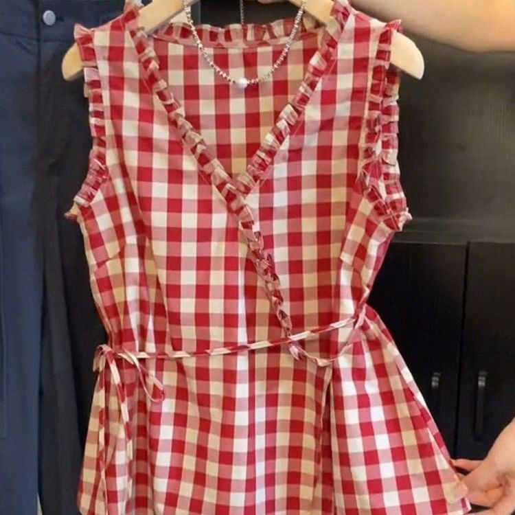 Retro Red Plaid Sleeveless Ves - Corset Waist Cinch avis et prix