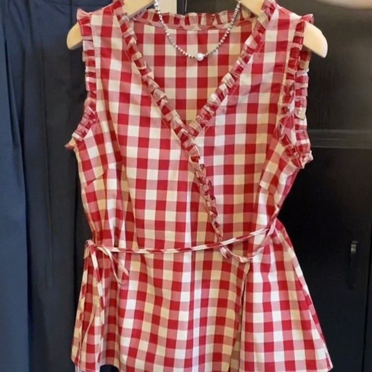 Retro Red Plaid Sleeveless Ves - Corset Waist Cinch avis et prix