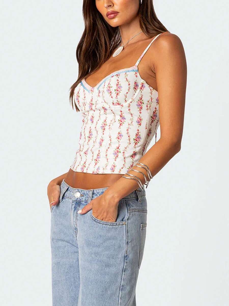 Women Floral Print Tie Strap V - Cami Top Lace avis et prix