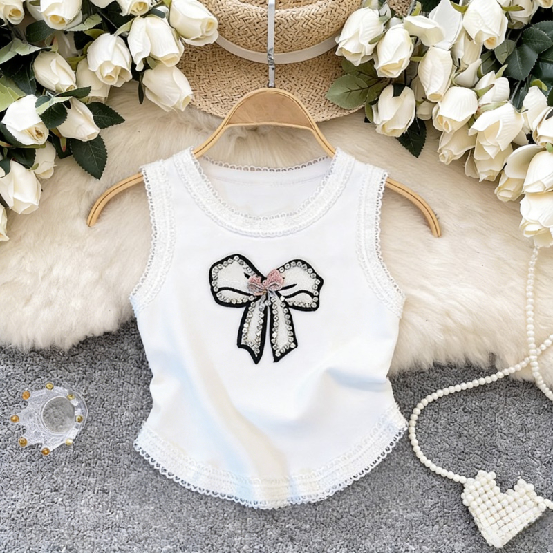 White Lace Trim Rhinestone Bow - Cami Top Lace avis et prix
